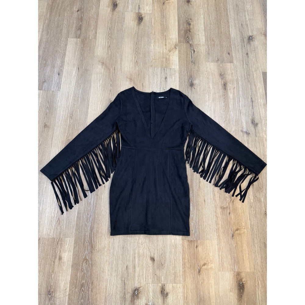 Missguided Fringe Mini Dress Women 8 Black Faux Suede V-Neck Long Sleeve Western